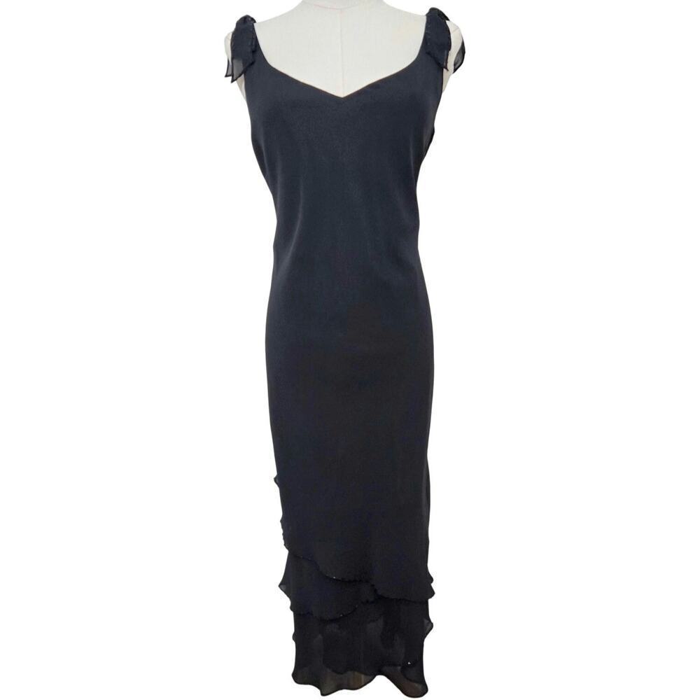 Evan-Picone Black Chiffon Midi Dress Sz 12  Tiered Beaded Hem & Bows Whimsigoth